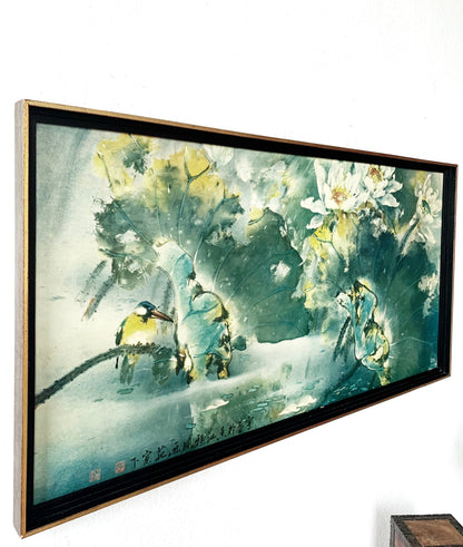 Large Antique Framed Lotus Pond Lithograph