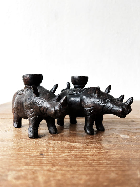 Vintage Pair of Indonesian Cast Iron Rhinoceros Candle Holders