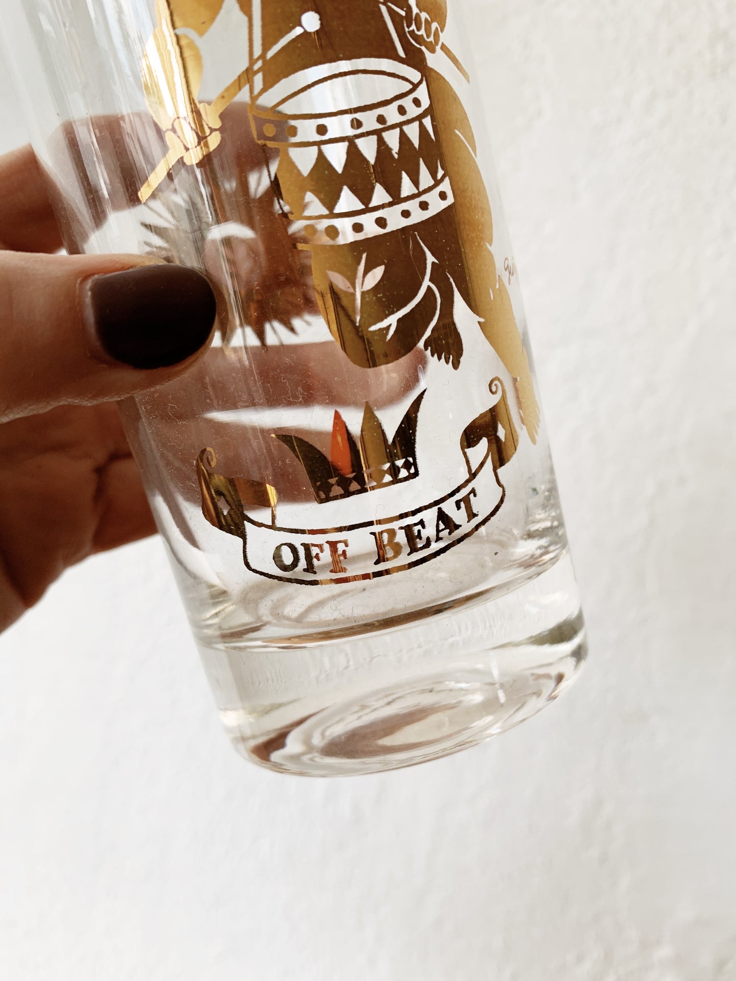 Mid century Georges Briard Set of Eight Gold Foil High Ball Glasses with Holder