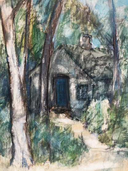 Large Mid Century Blue Cabin Painting