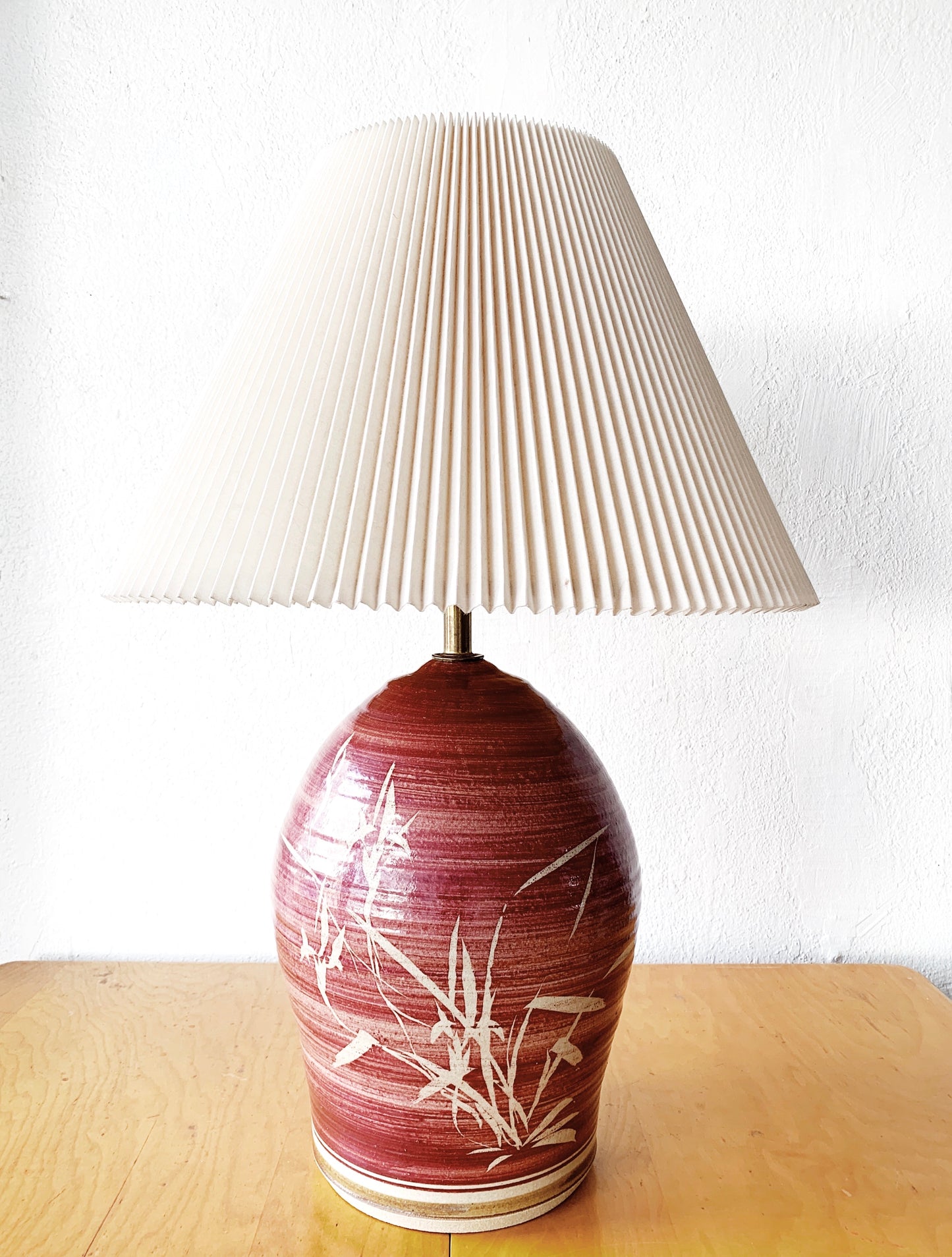 Large Vintage Ceramic Lamp with Pleated Shade