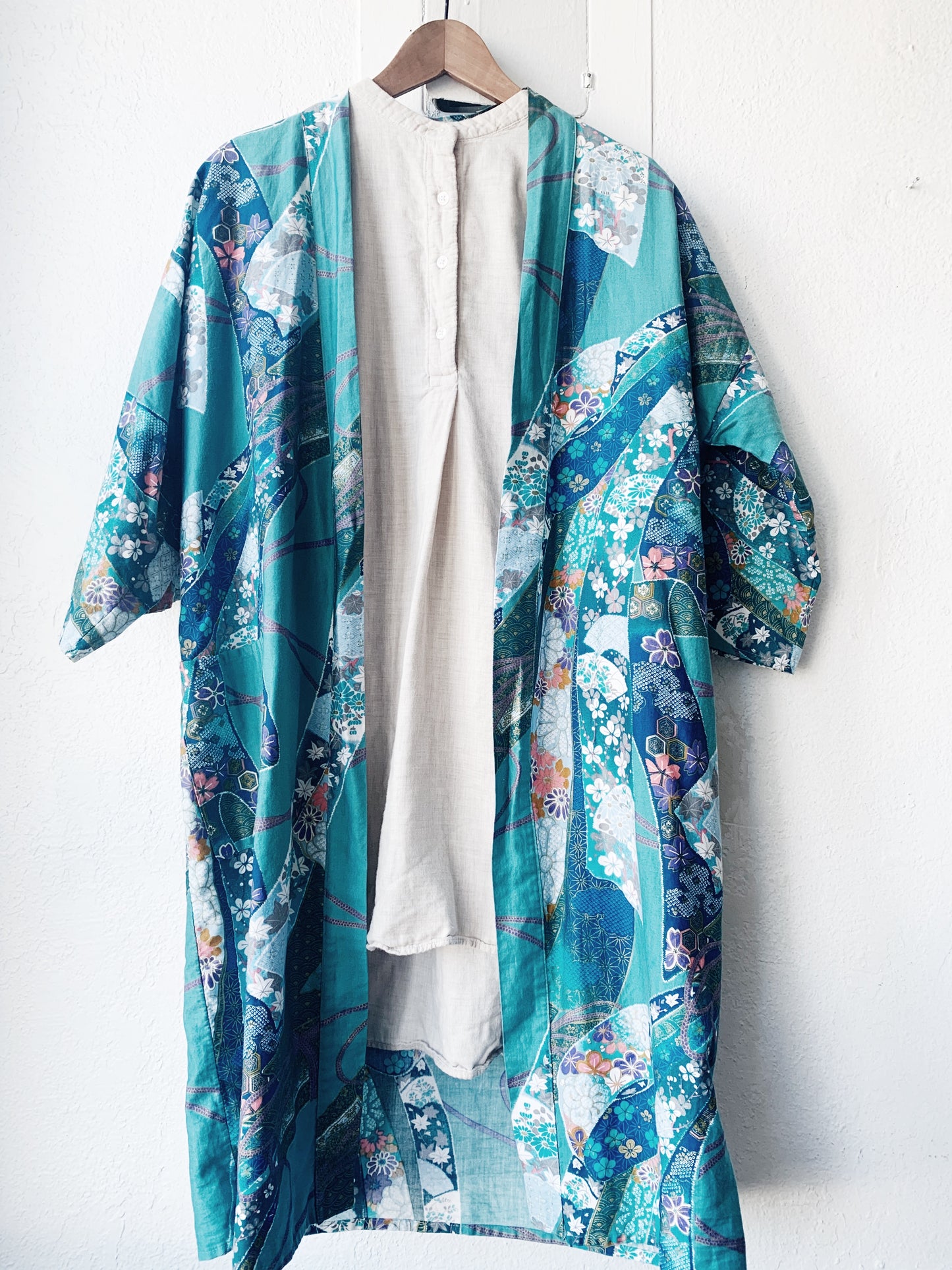 Turquoise Floral Cotton Robe / Kimono