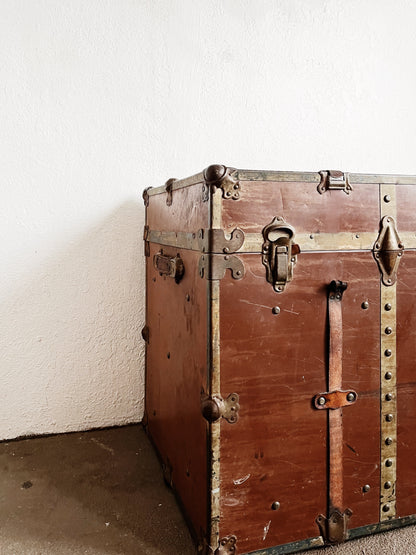 Tall Antique Leather Steamer Trunk