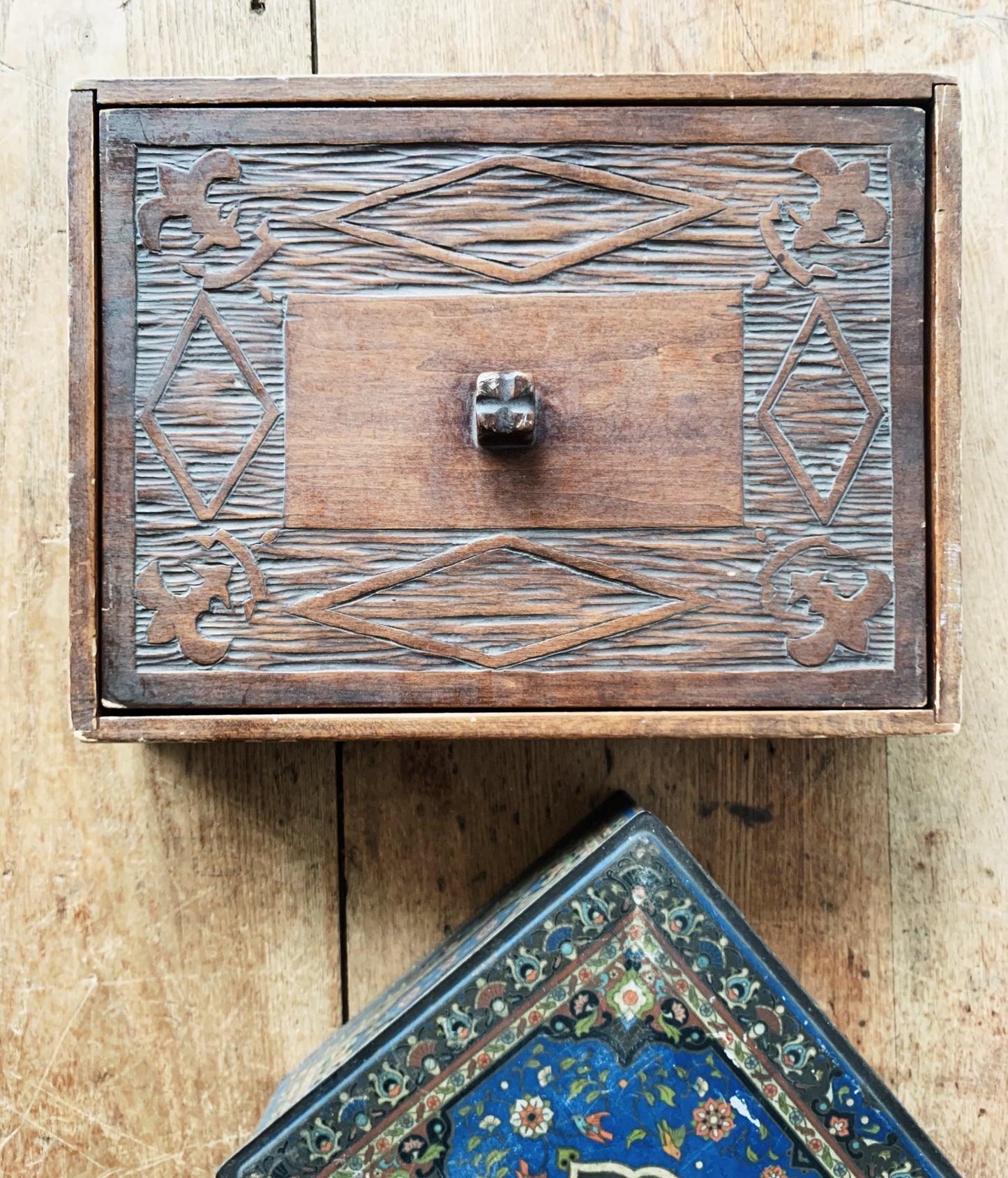 Antique Carved Wood Lidded Box