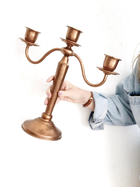 Large Vintage Hammered Copper Candelabra