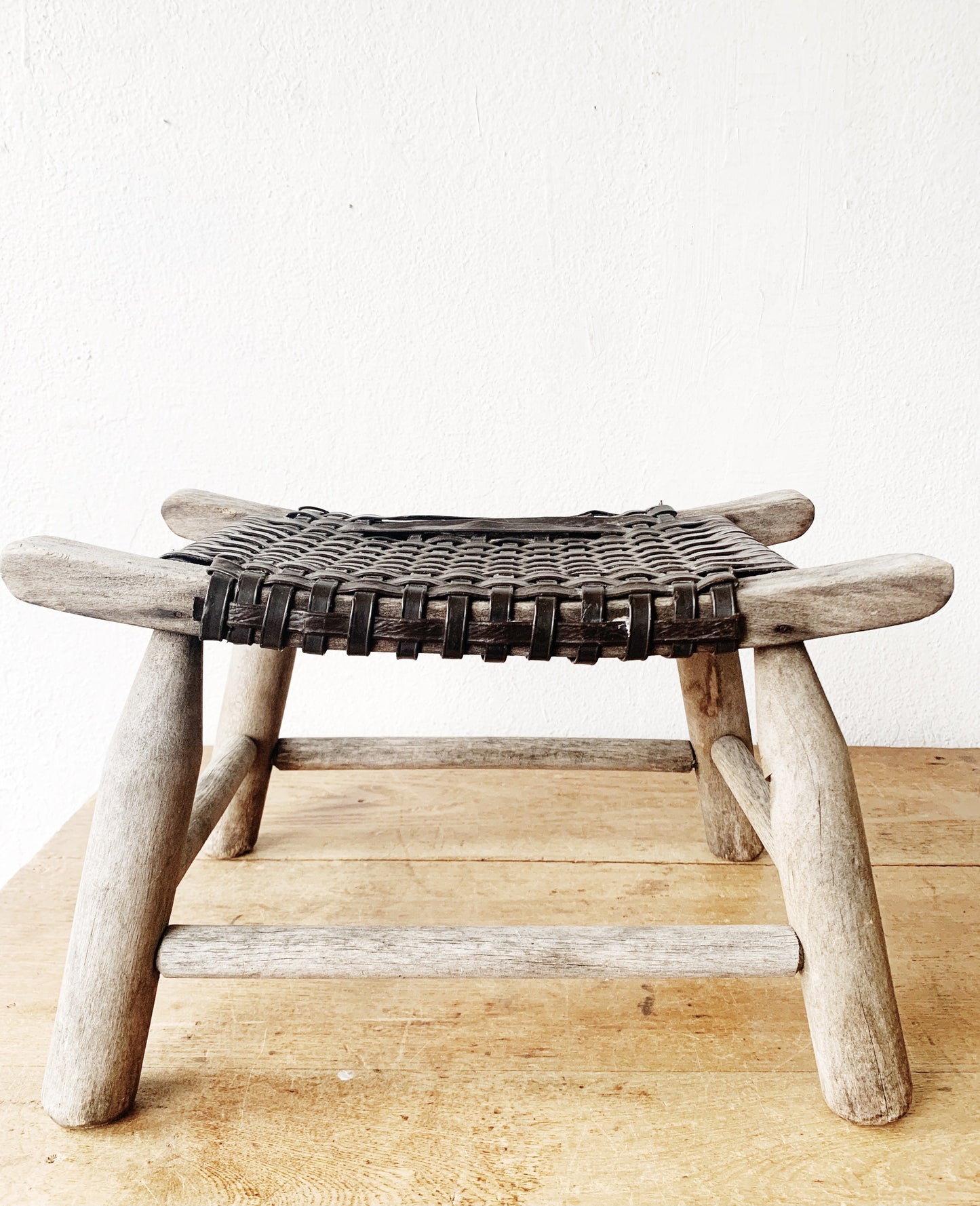Primitive Wood Stool with Braided Seat