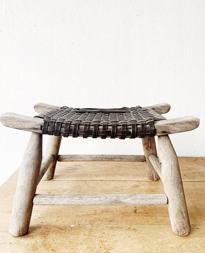 Primitive Wood Stool with Braided Seat