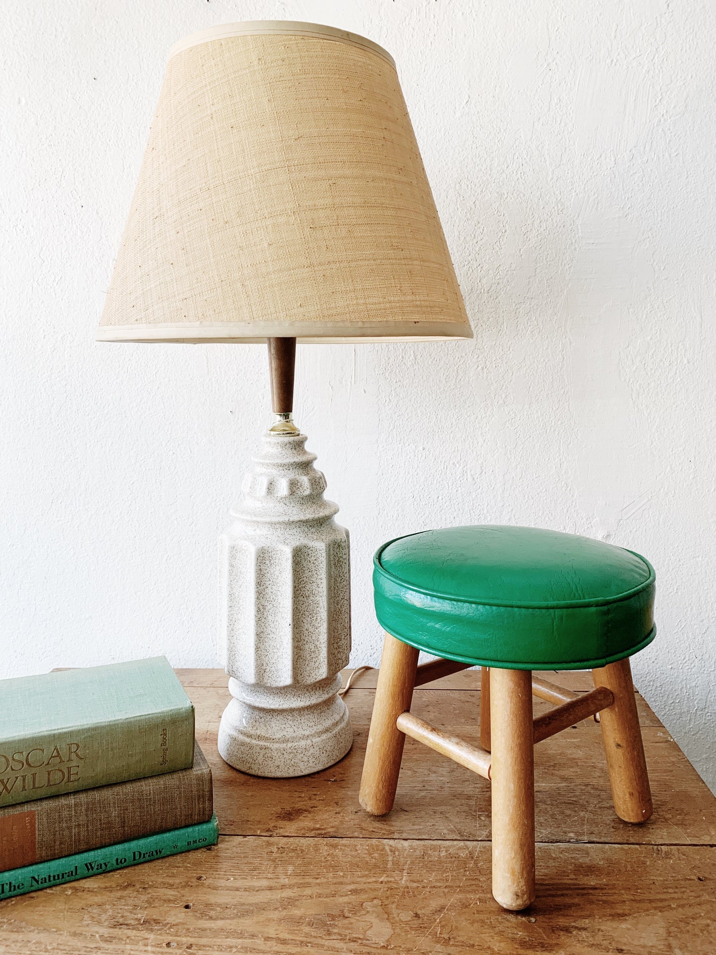 Small Vintage Upholstered Wood Stool