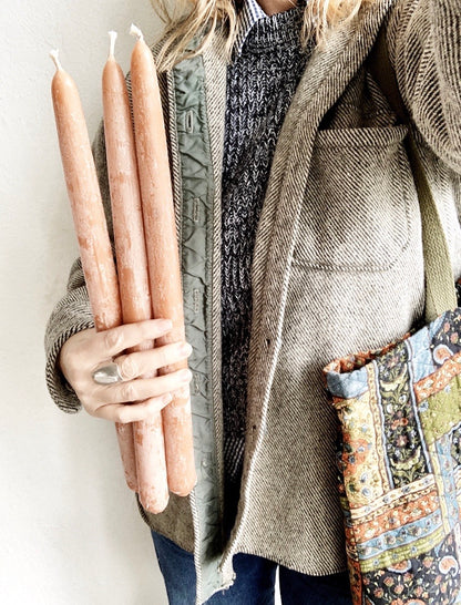 Vintage Incised Brass Candle Holders with Soy Tapers