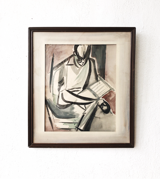 Vintage Original Watercolor Portrait Painting