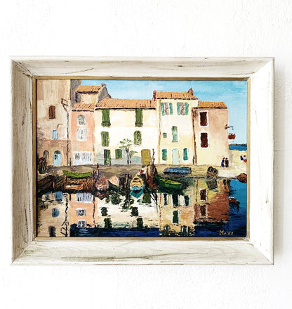 Vintage Framed Oil Painting French Fishing Village