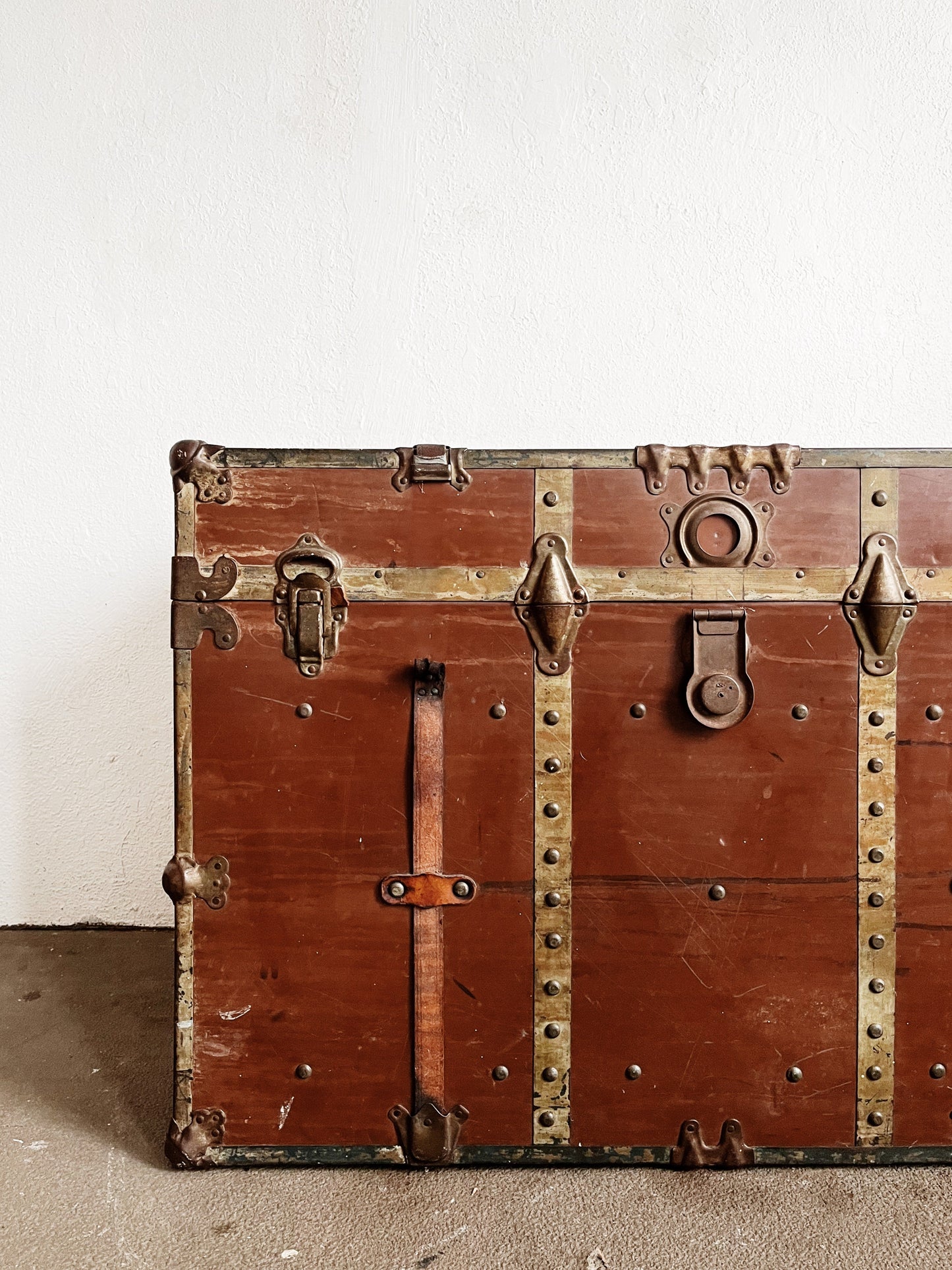 Tall Antique Leather Steamer Trunk