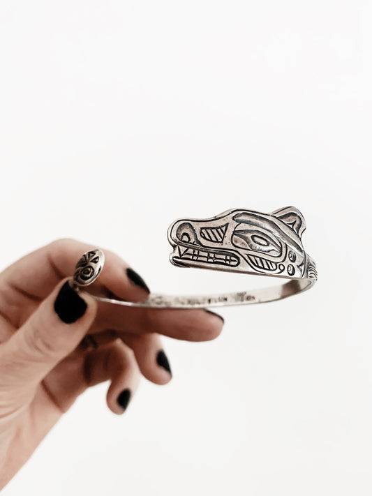 Vintage Bill J. Wilson Tlingit Sterling Wolf Cuff Bracelet