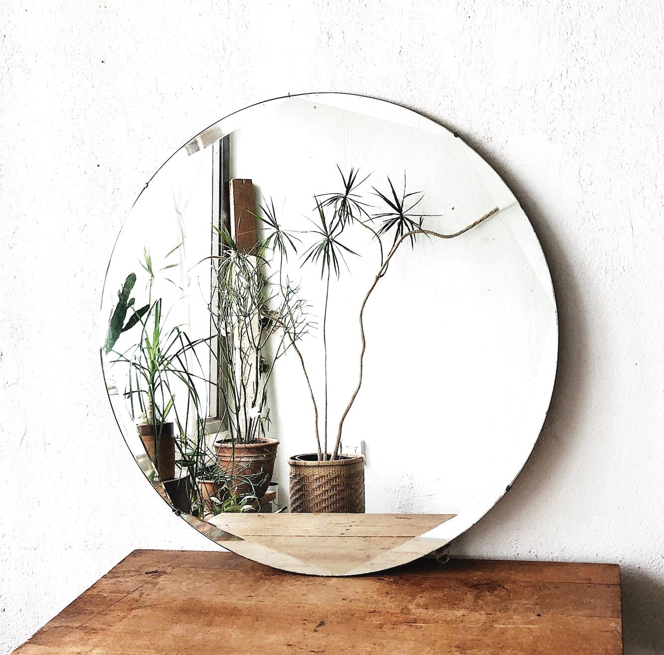 Large Vintage Round Mirror with Octagonal Bevel