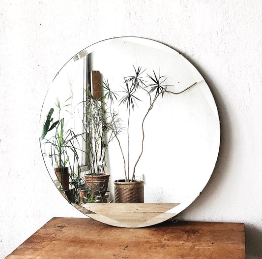 Large Vintage Round Mirror with Octagonal Bevel