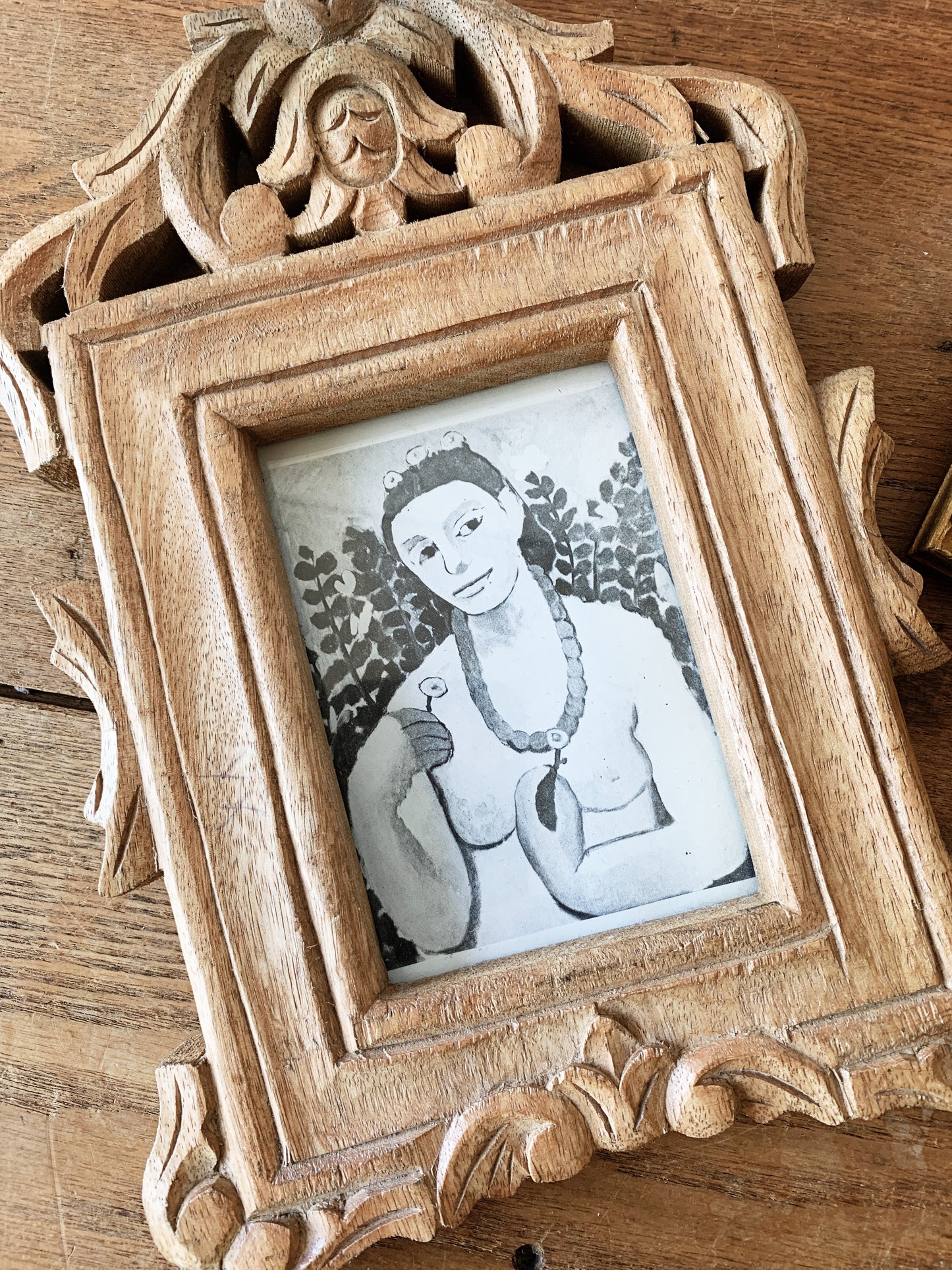 Vintage Carved Wood Frame with Print