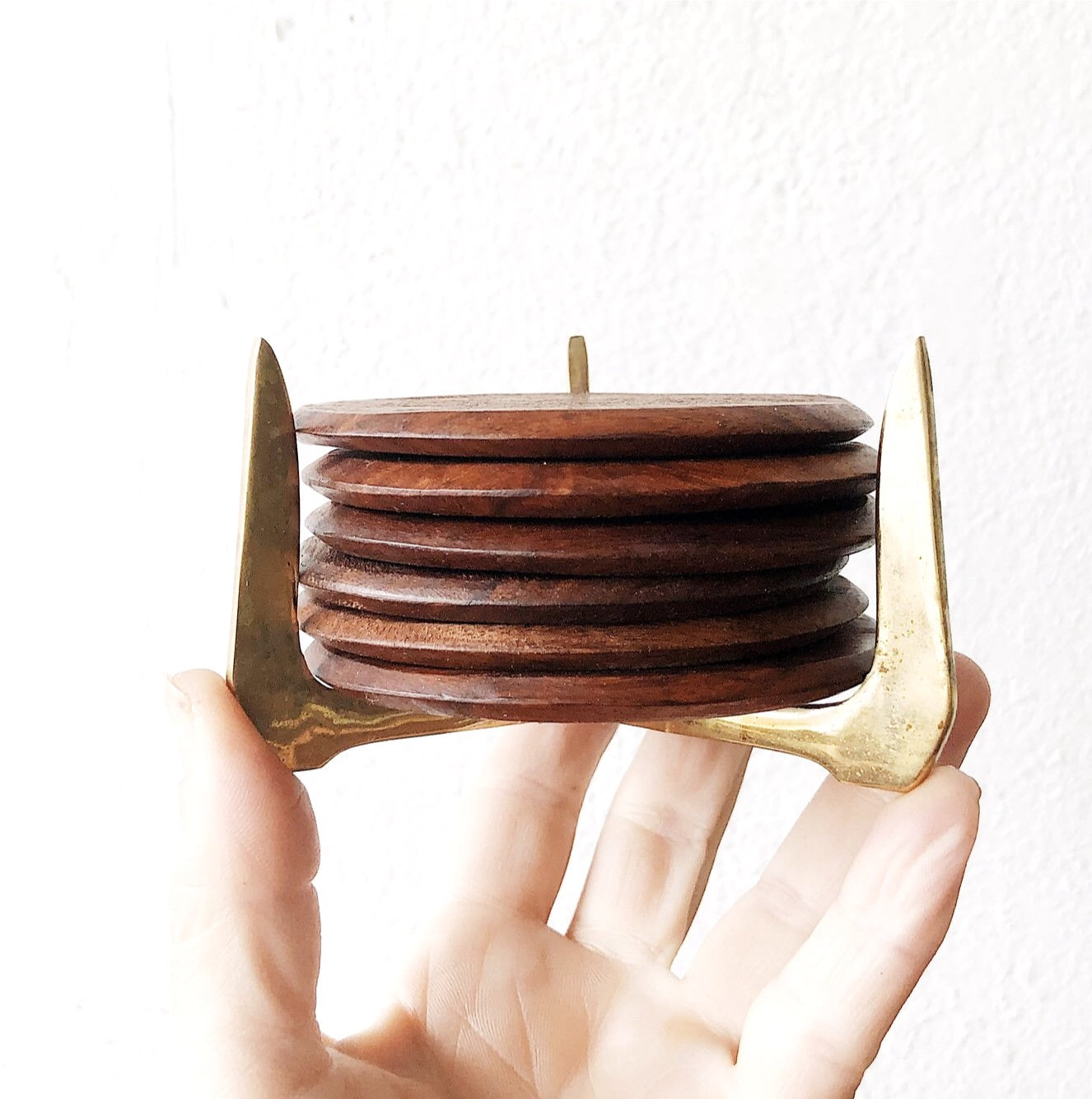 Brass and Walnut Coaster Set