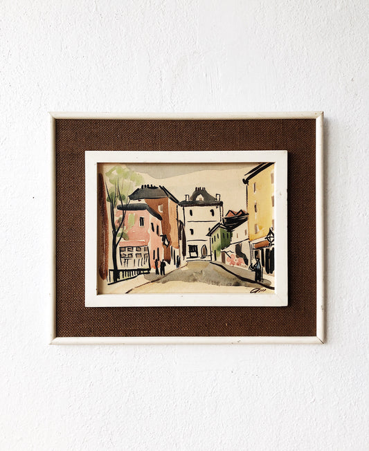 Vintage Mid Century Watercolor Town Scene