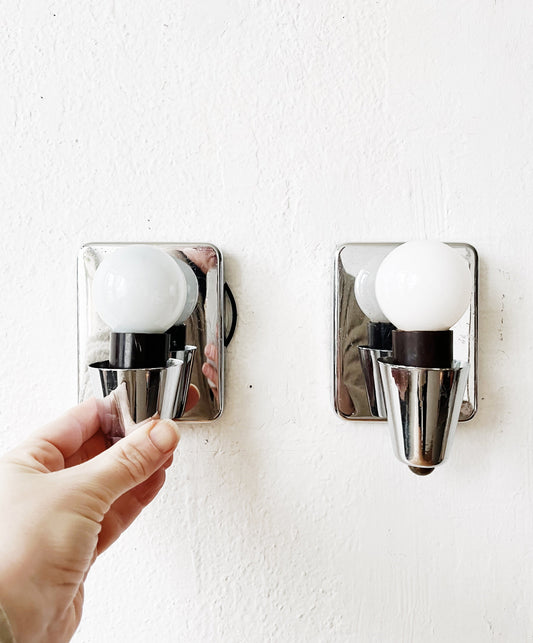Pair Art Deco Revival Chrome Sconces