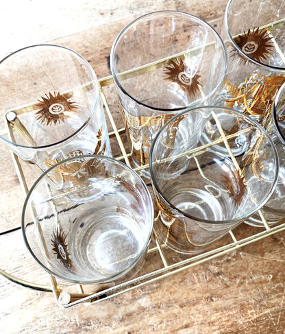 Mid century Georges Briard Set of Eight Gold Foil High Ball Glasses with Holder