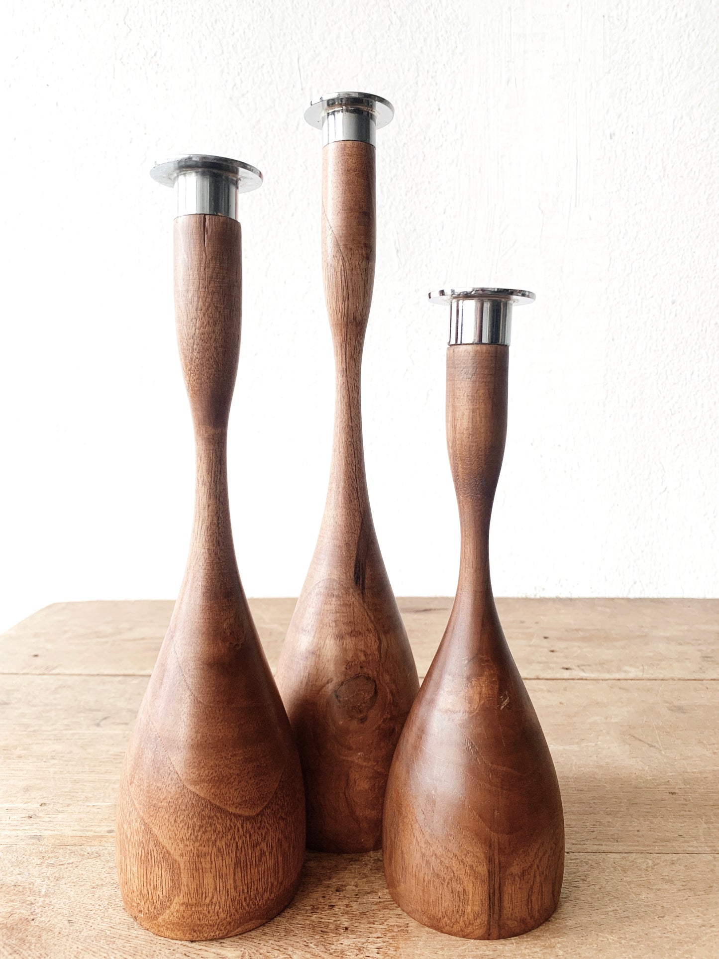 Vintage Wood Candle Holder Trio