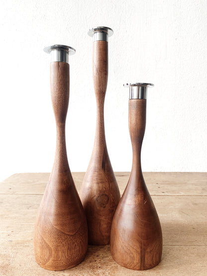 Vintage Wood Candle Holder Trio