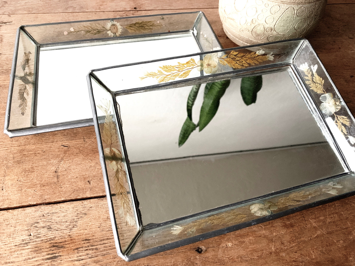Vintage Leaded Mirrored Tray with Dried Flowers