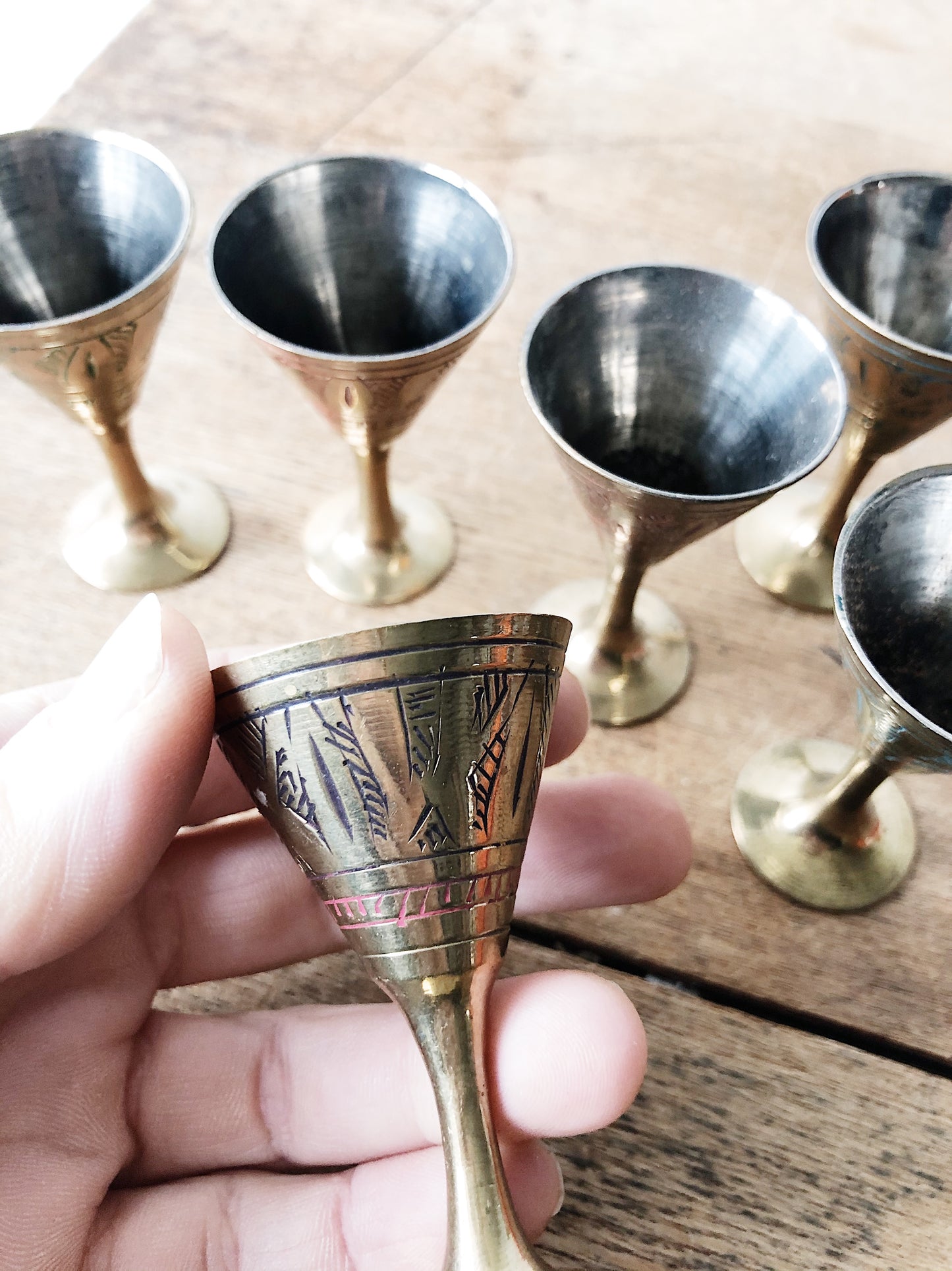 Vintage Incised Brass Cup Set
