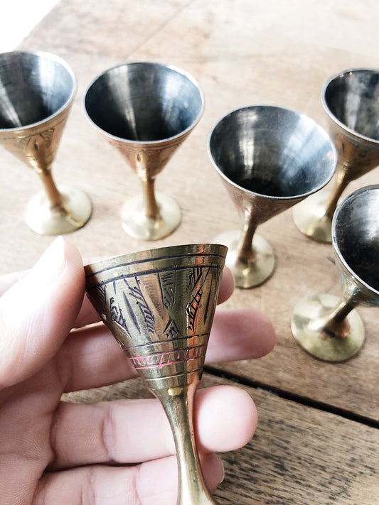 Vintage Incised Brass Cup Set