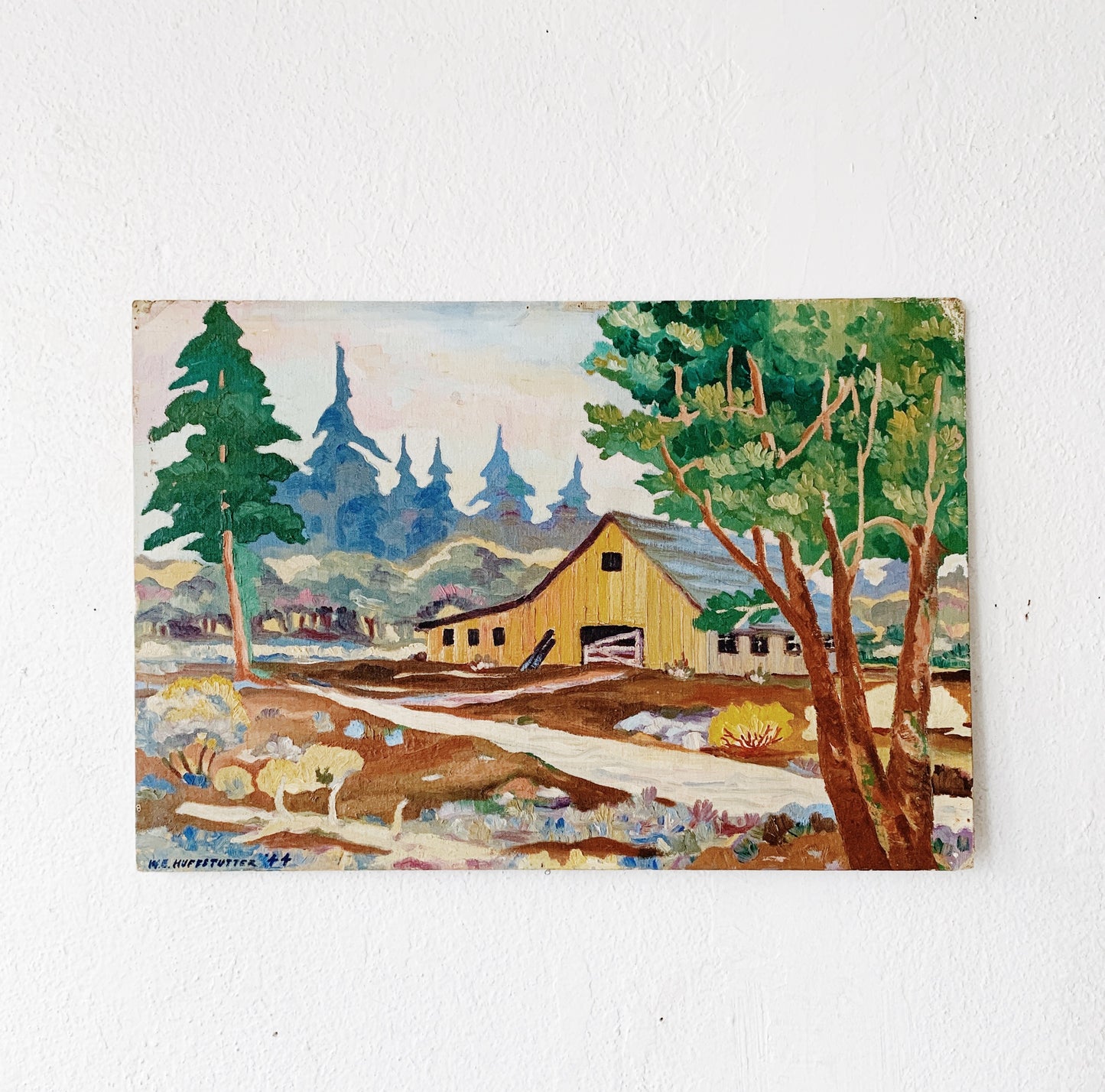 Vintage Barn Landscape Oil Painting