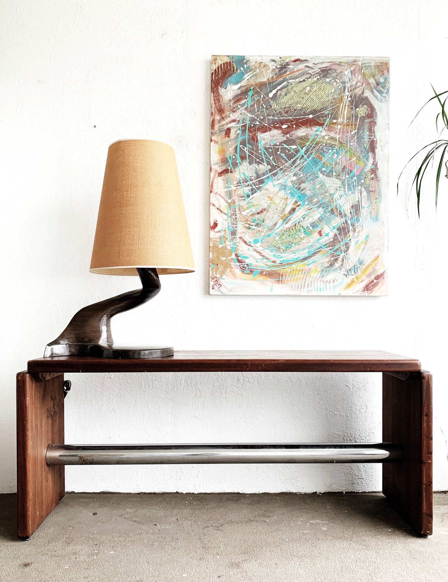 Vintage Handmade Wood and Chrome Console Table