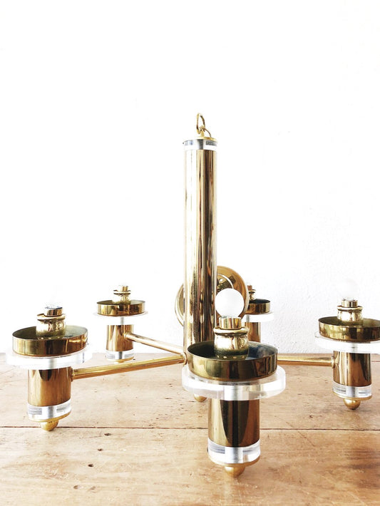 Mid Century Lucite and Brasstone Chandelier