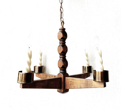 Vintage Wood and Brass Chandelier