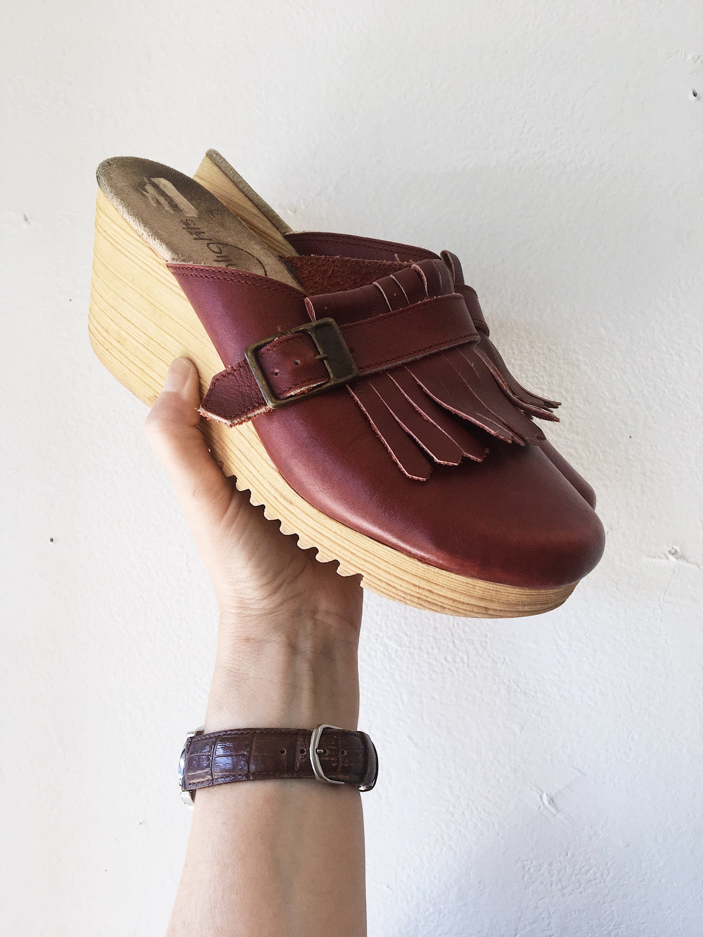 Vintage Leather Wedge Clogs