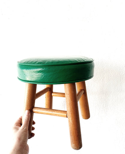 Small Vintage Upholstered Wood Stool
