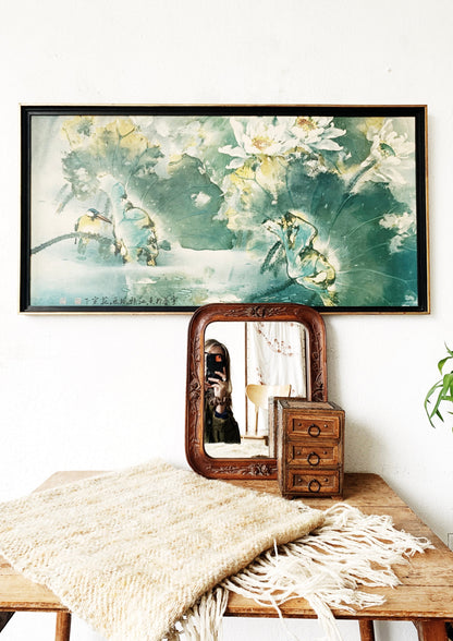 Large Antique Framed Lotus Pond Lithograph