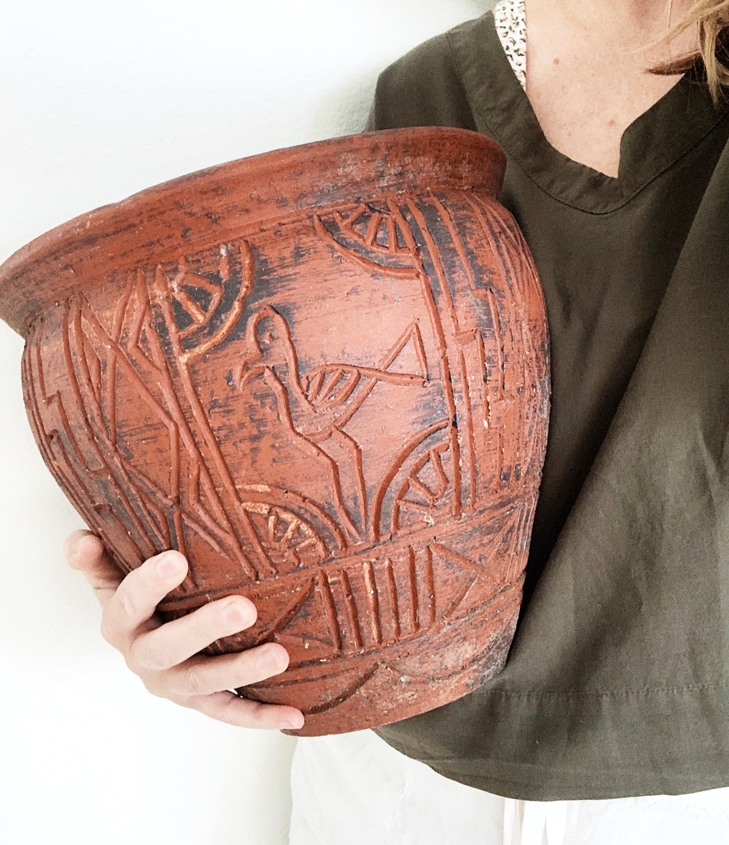 Vintage Incised Terra Cotta  Plant Pot