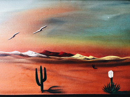 Vintage Sunset Desert Painting with Moon