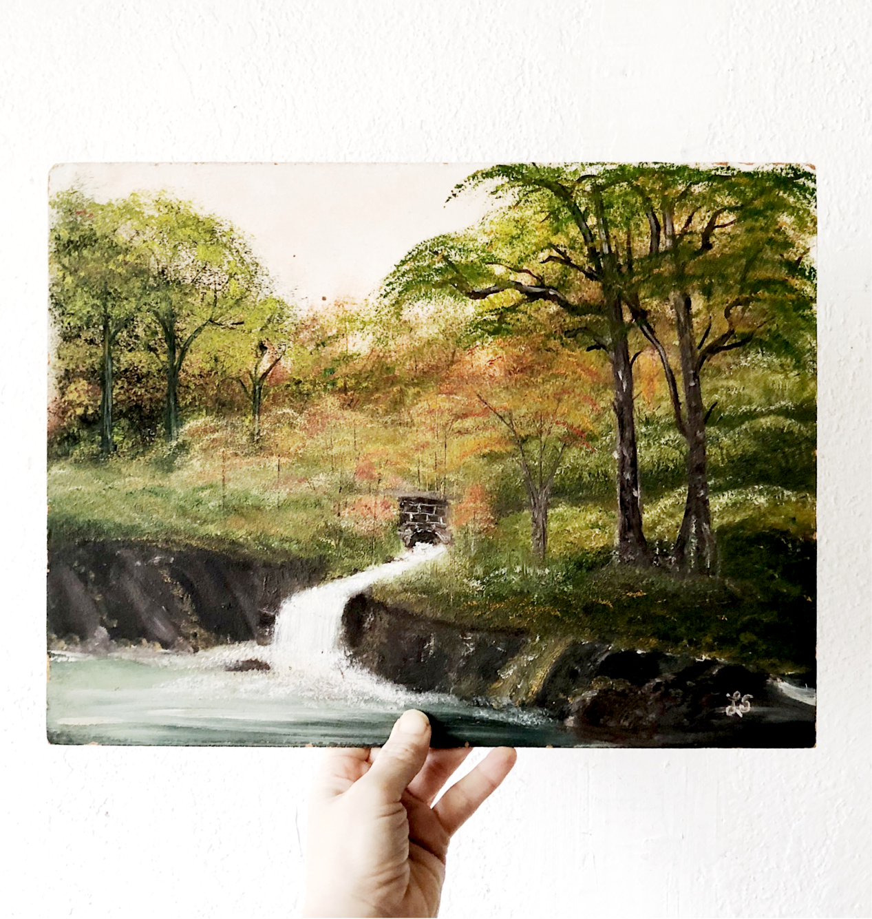 Vintage Waterfall Landscape Painting