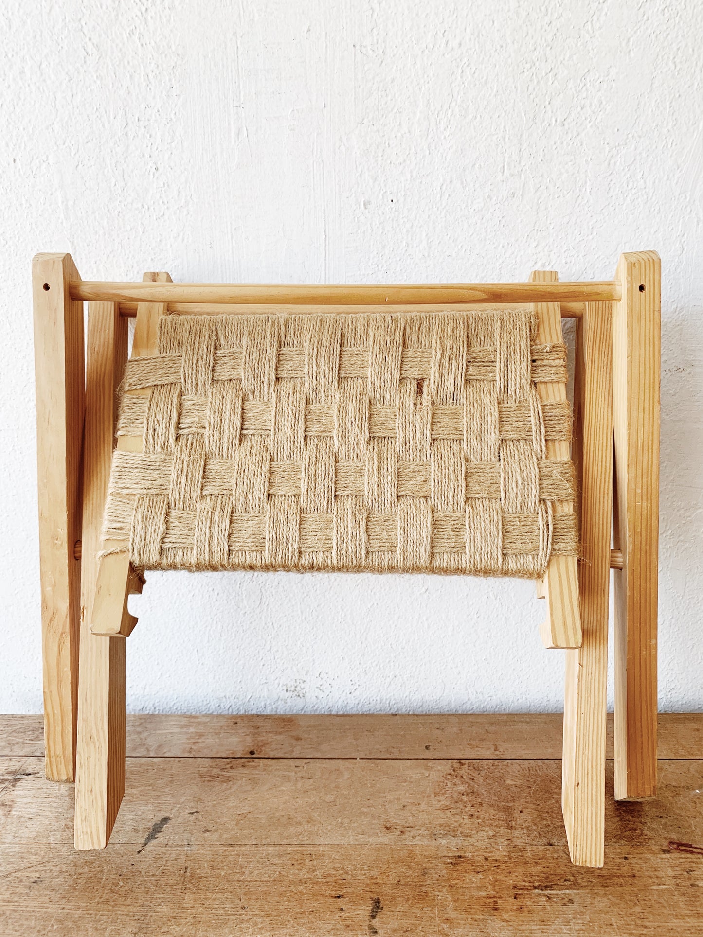 Vintage Collapsible Stool with Woven Seat