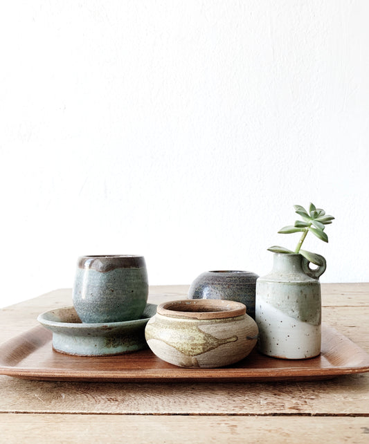Handmade Studio Pottery Collection with Vintage Teak Tray