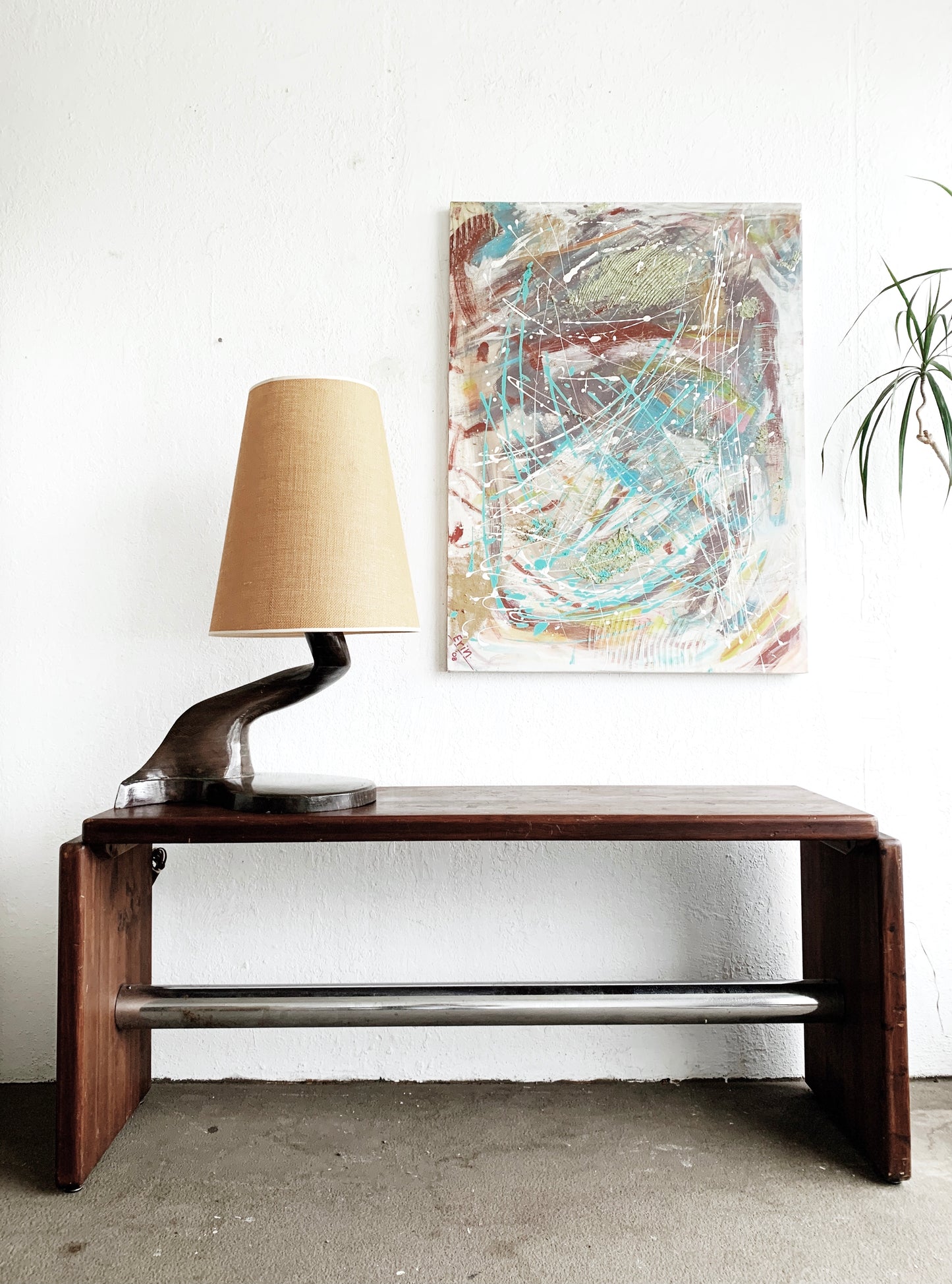 Vintage Handmade Wood and Chrome Console Table