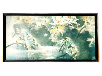 Large Antique Framed Lotus Pond Lithograph