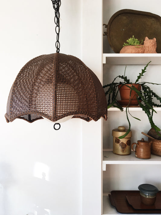 Vintage Caned Pendant with Milky Globe