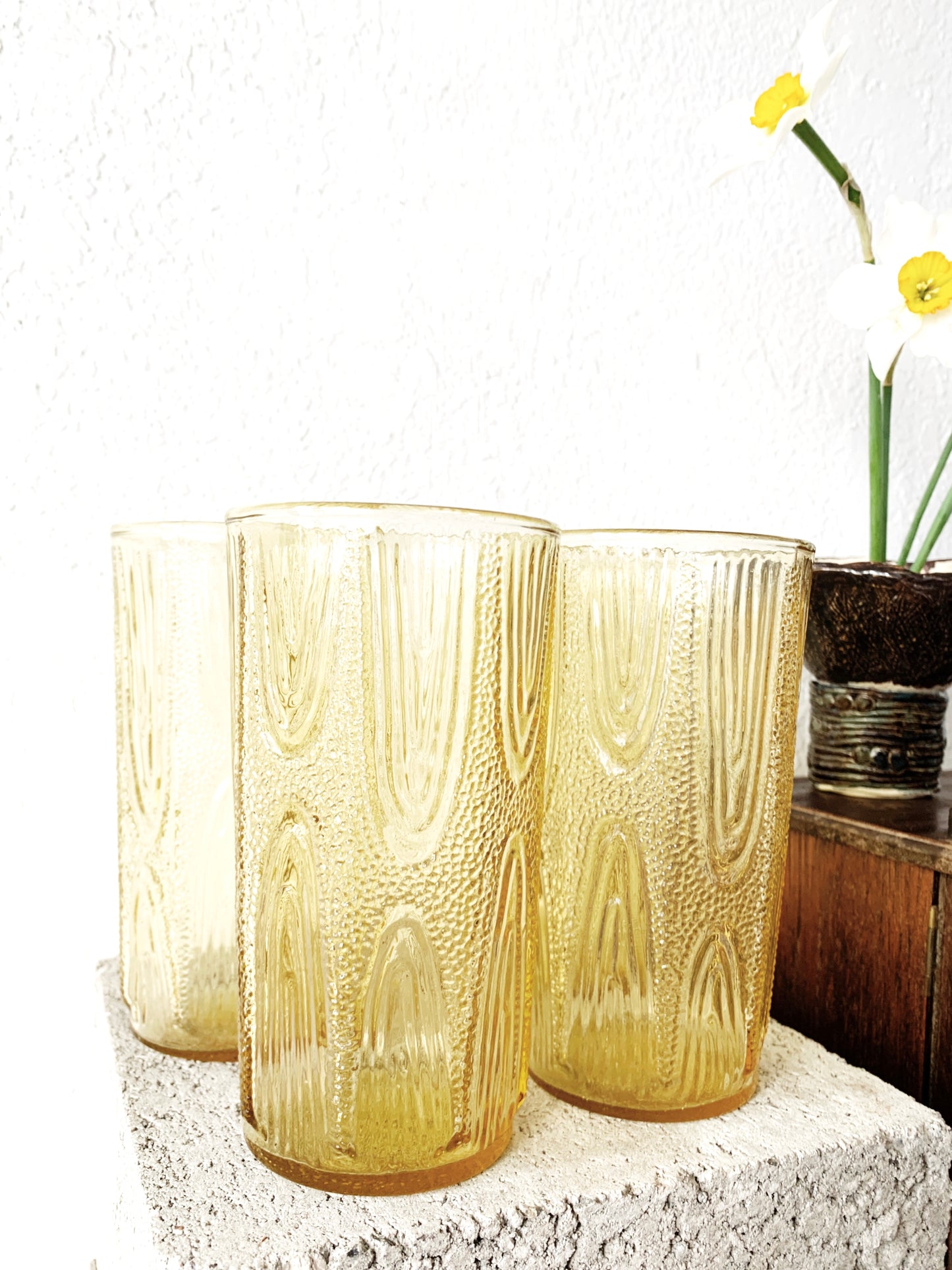 Mid Century Wavy Amber Glass Tumblers