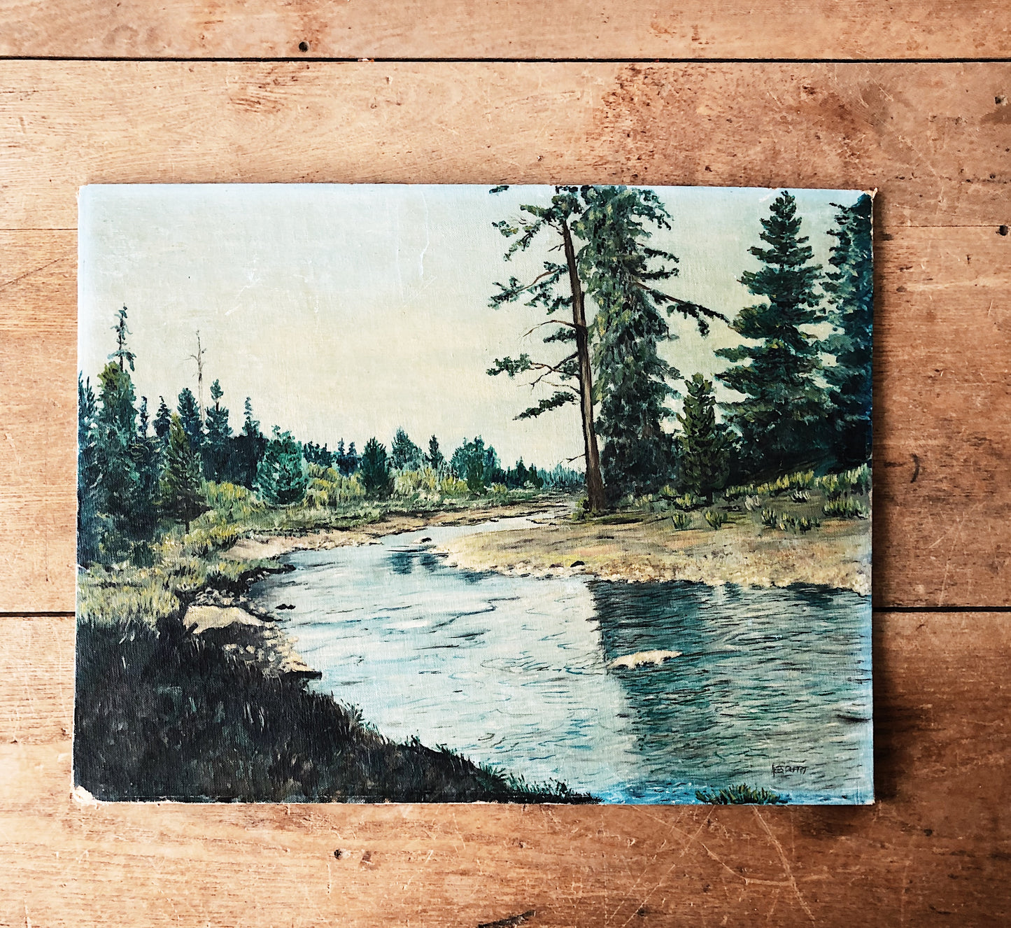 Vintage River Landscape Painting