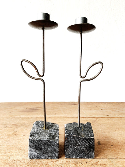 Vintage Stone and Iron Candle Holders