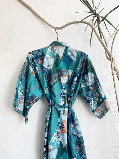 Turquoise Floral Cotton Robe / Kimono
