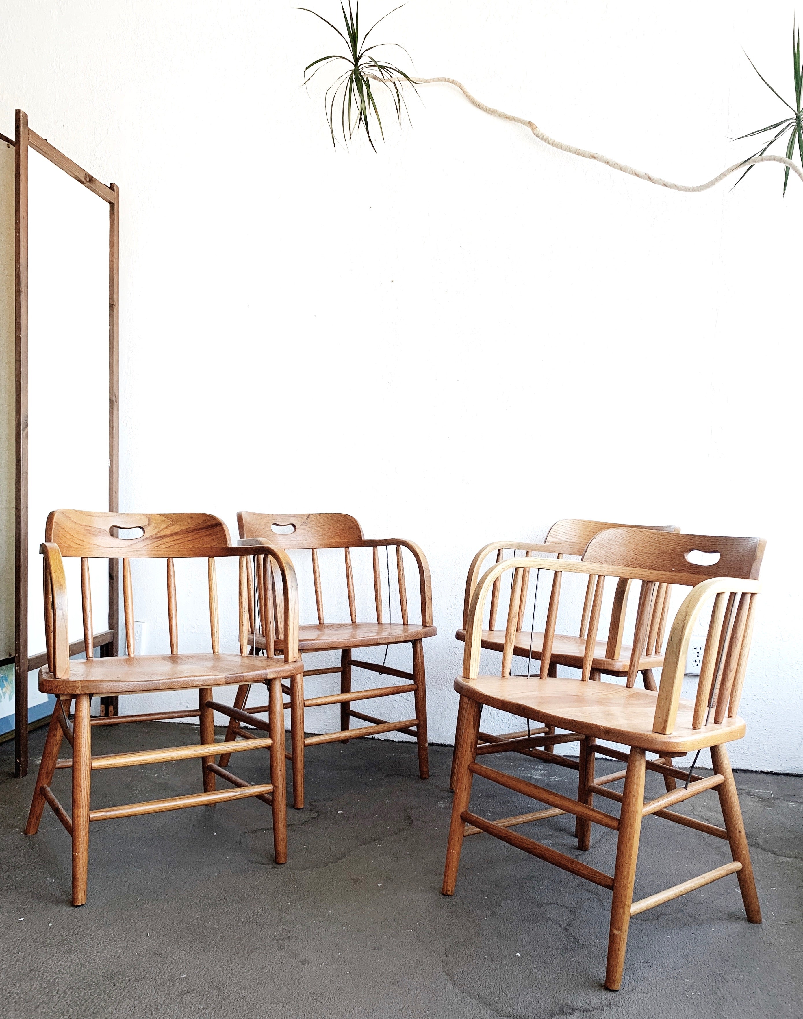 Set of Five Vintage Oak Captains Chairs - Thumbnail 5