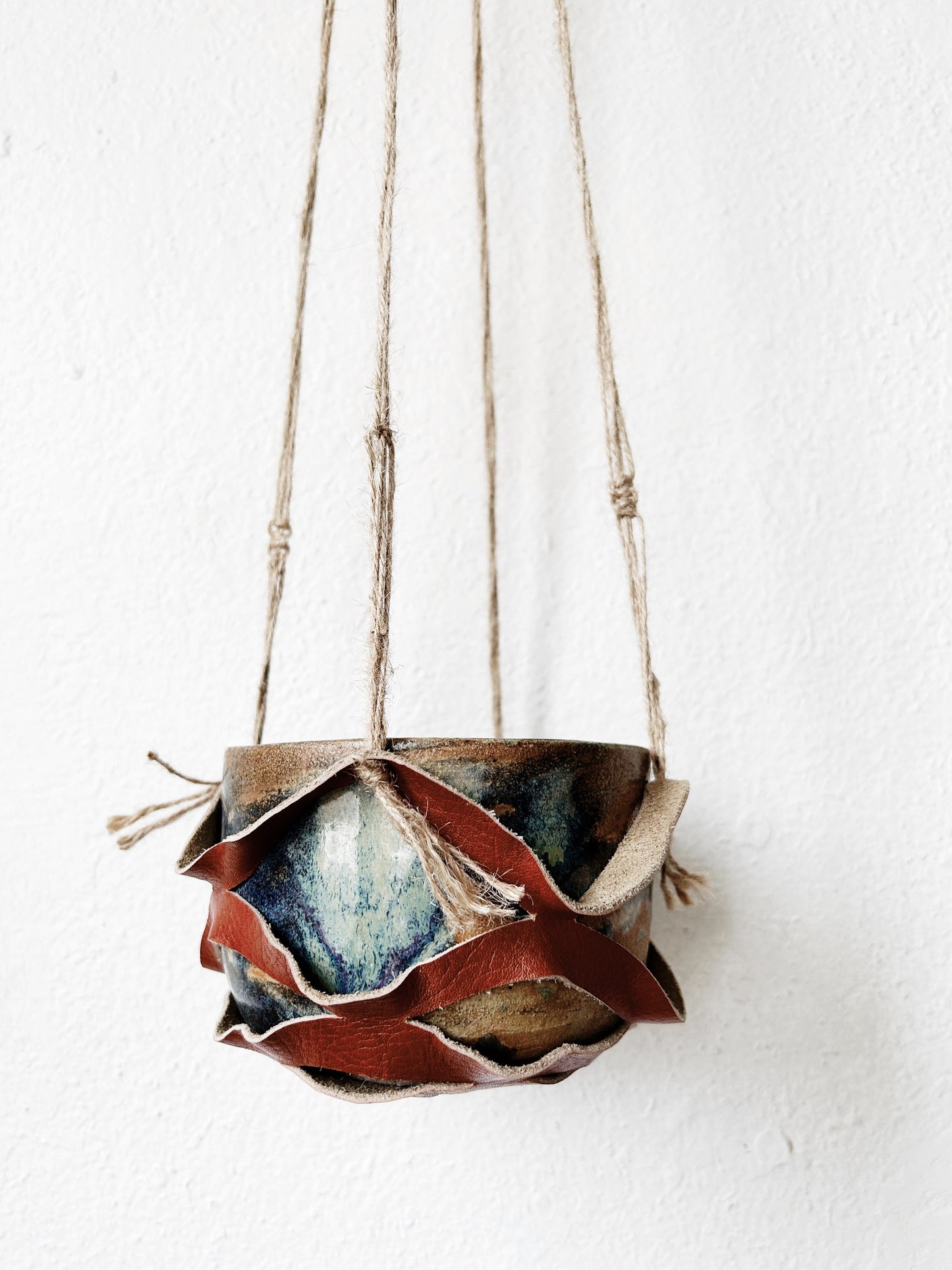 Handmade Leather Hanger with Vintage Stoneware Pot